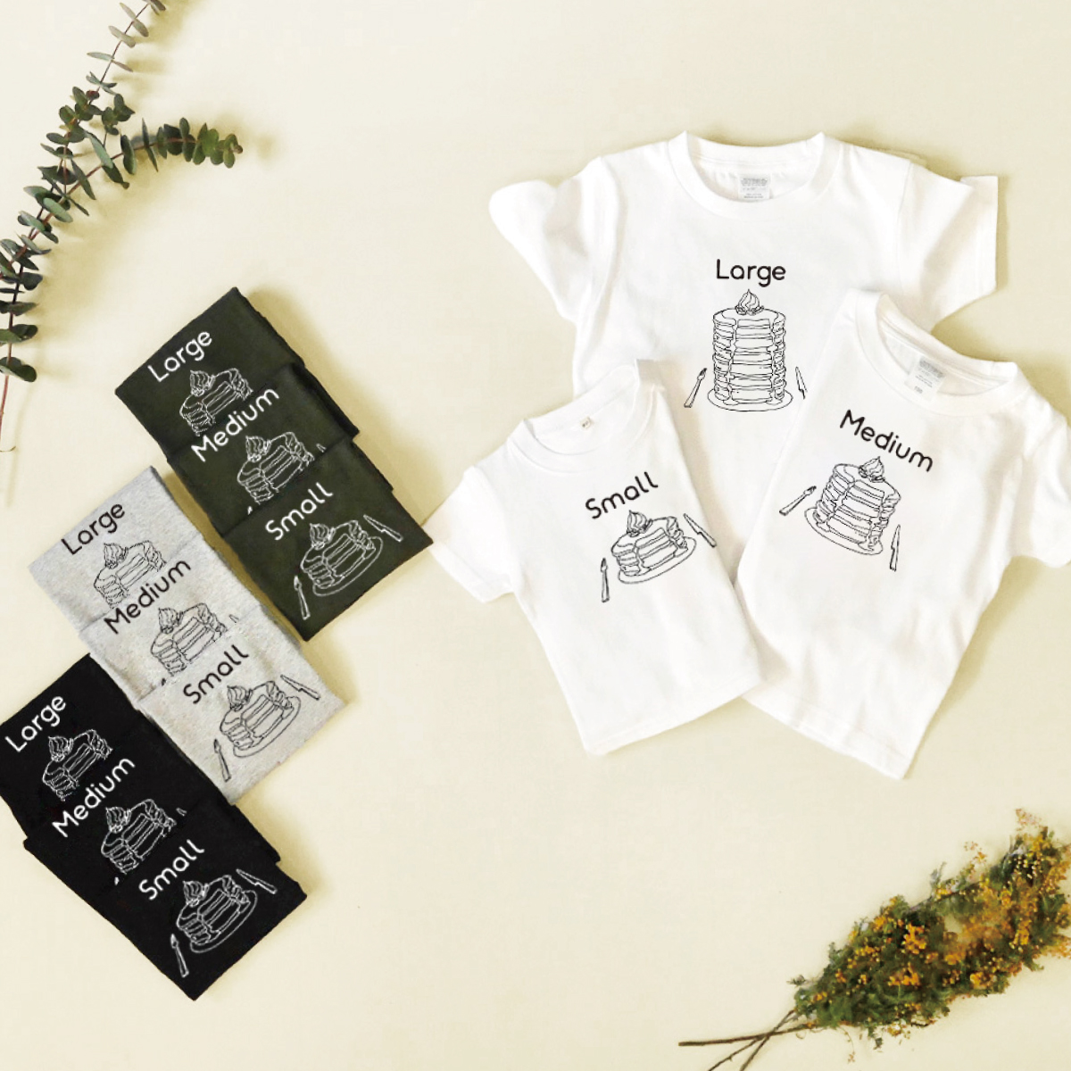 3人兄弟姉妹でおそろい /パンケーキ Small×Medium×Large プリント/ Tシャツ3枚組ギフトセット